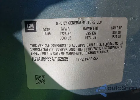2010 Chevrolet Cobalt Lt from USA, damaged, VIN 1G1AD5F53A7132535